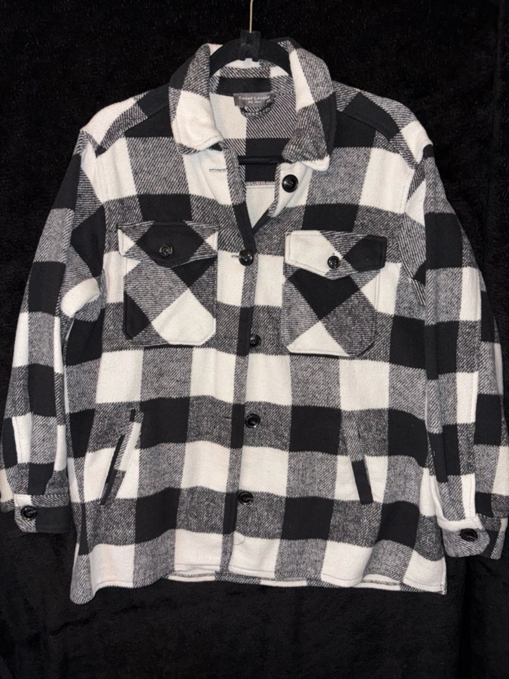 Sweet Lovely by Jen Plaid Buffalo Check Fleece Shacket M Black White Western EUC